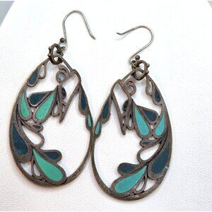Vintage Teardrop Earrings With Green & Blue Enamel Detailing